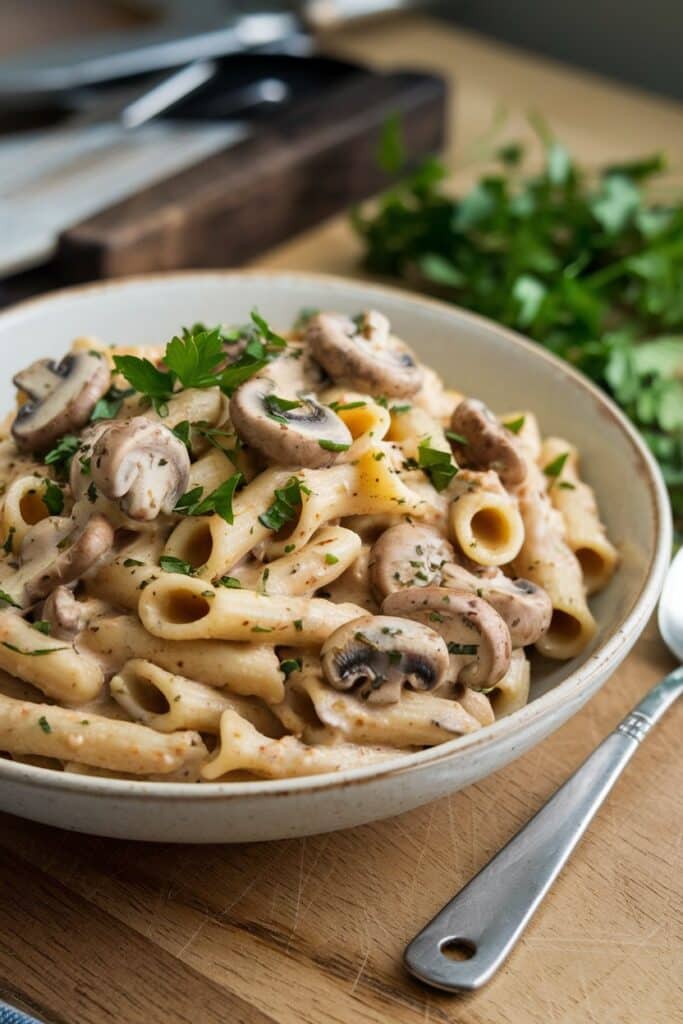 Vegan hummus pasta recipe with parsley, perfect for plant-based pasta dishes