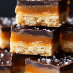 Sliced Millionaire Shortbread bars with flaky sea salt on a holiday plate