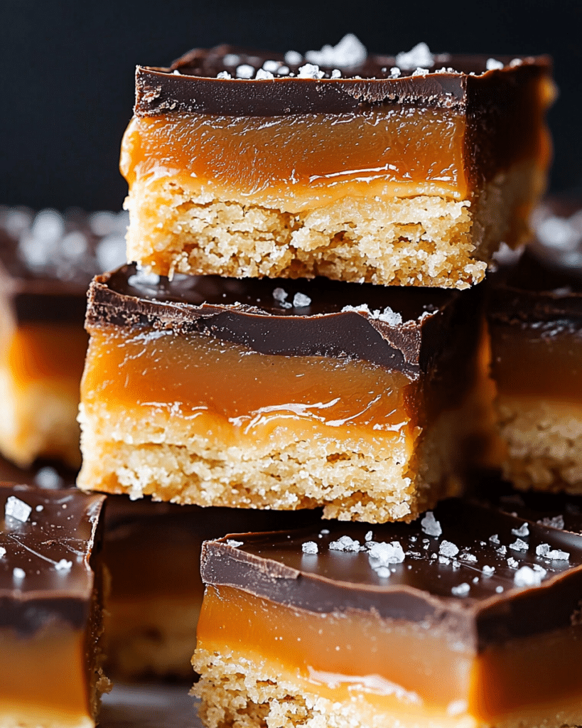 Sliced Millionaire Shortbread bars with flaky sea salt on a holiday plate