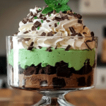 Finished St. Patrick's Day Brownie Trifle with whipped cream and gold coins
