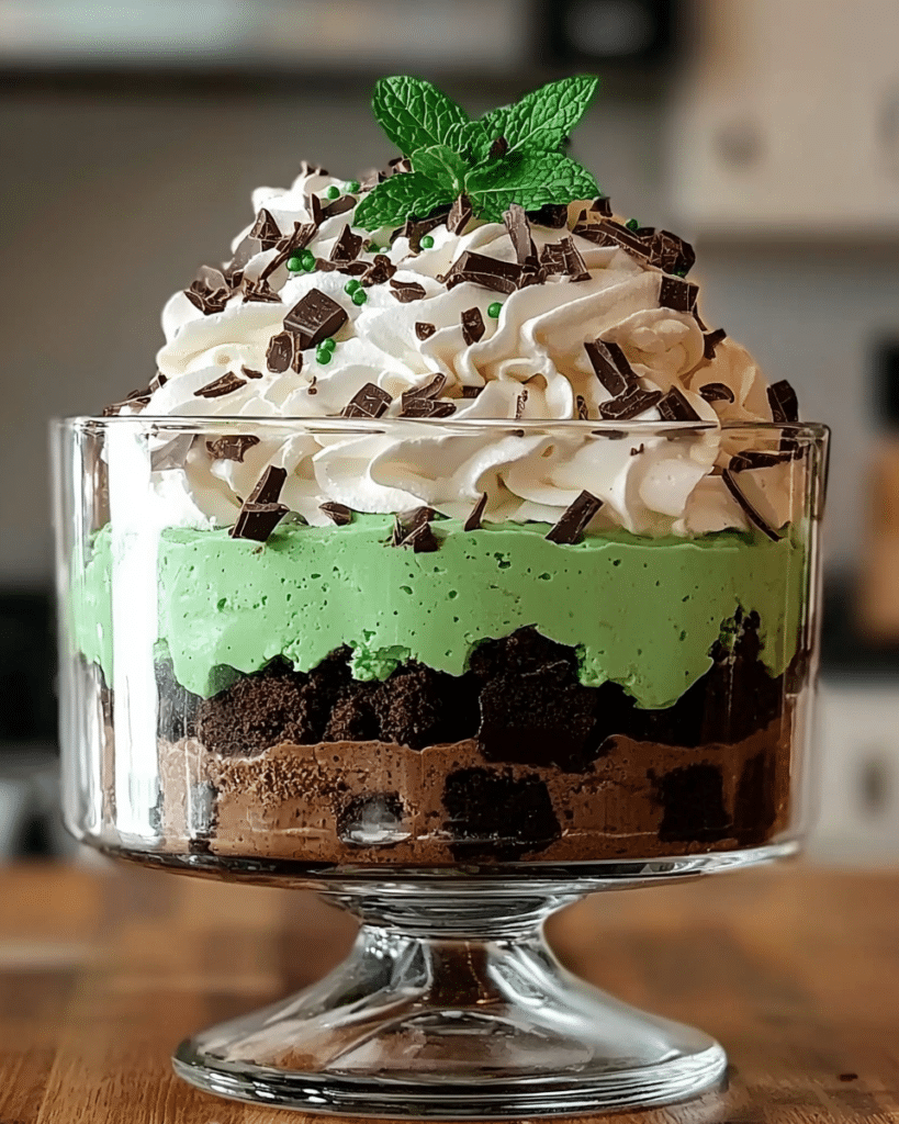 Finished St. Patrick's Day Brownie Trifle with whipped cream and gold coins