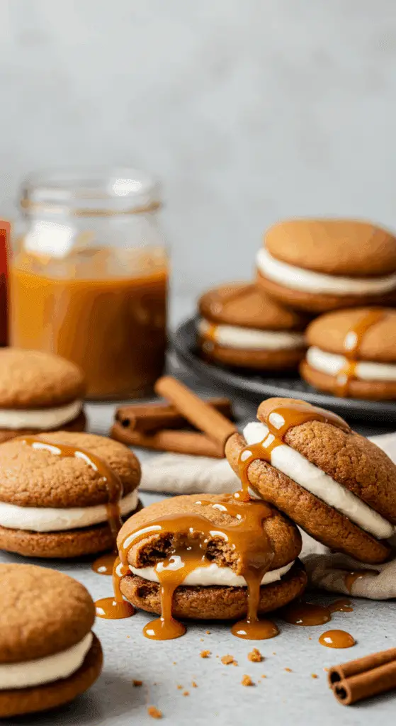 Apple cider whoopie pie cookies with caramel filling showing soft spiced cookies and cream