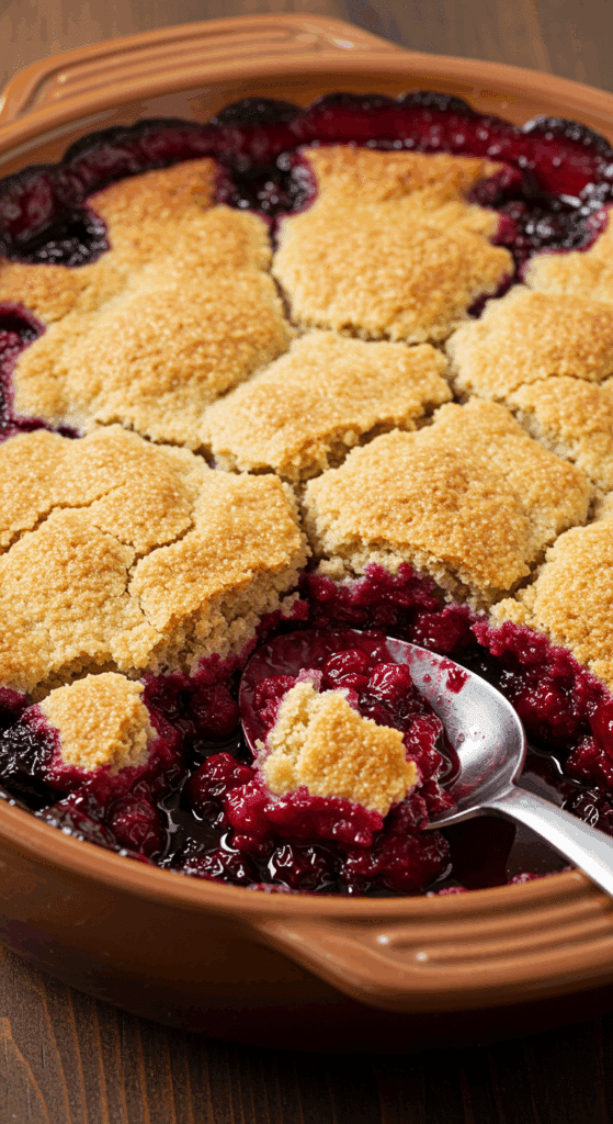 Golden and bubbling berry cobbler with visible fruit.