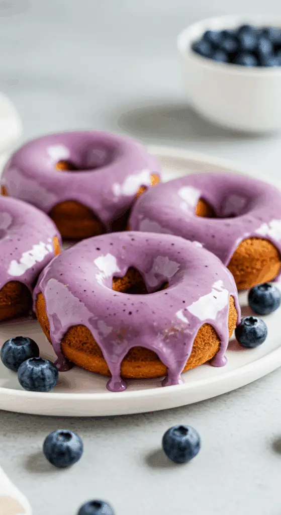Blueberry cake donuts with purple glaze and fresh blueberries