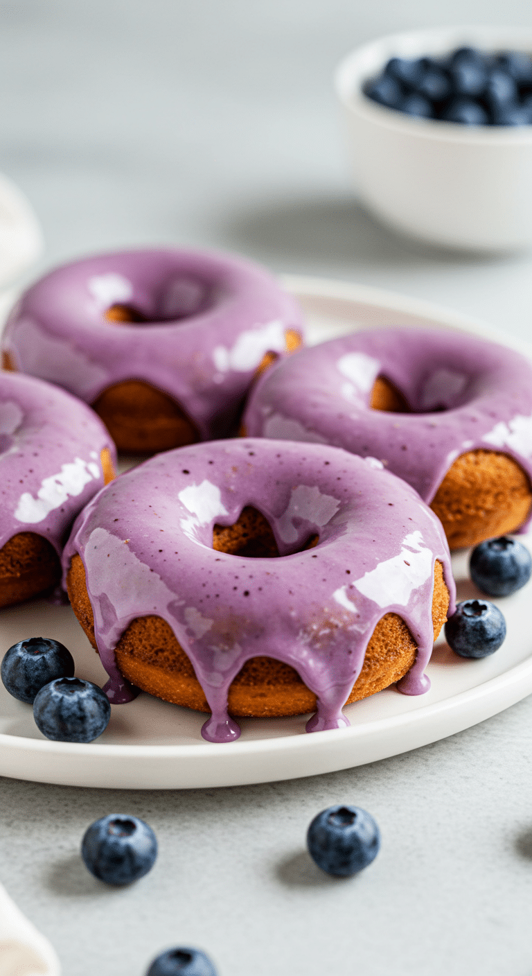 Blueberry cake donuts with purple glaze and fresh blueberries