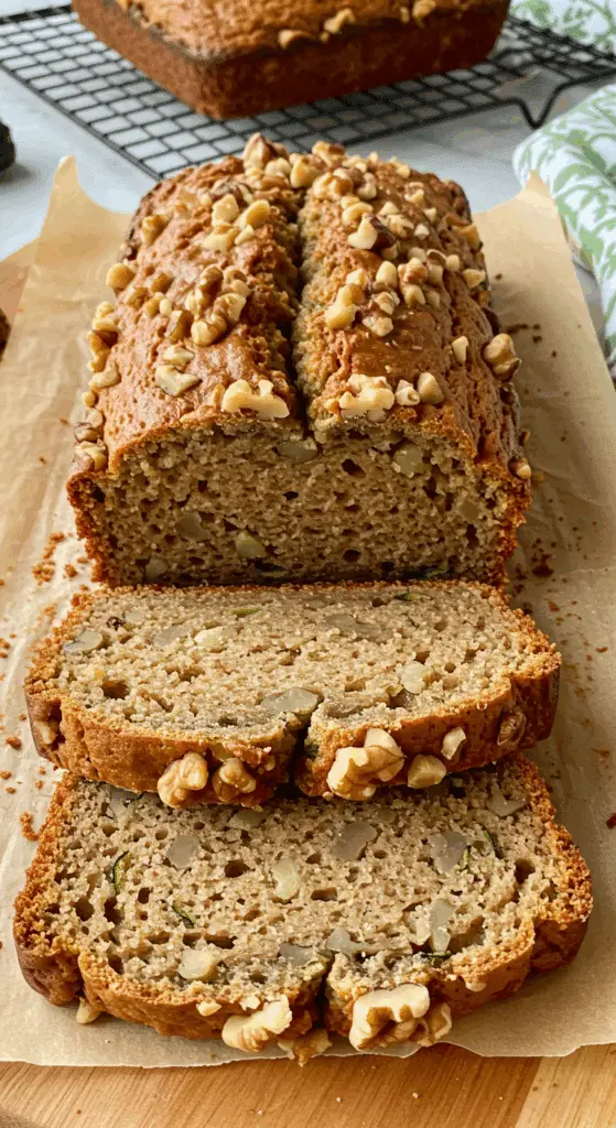 Zucchini bread slice showing moist texture with green zucchini flecks and walnuts