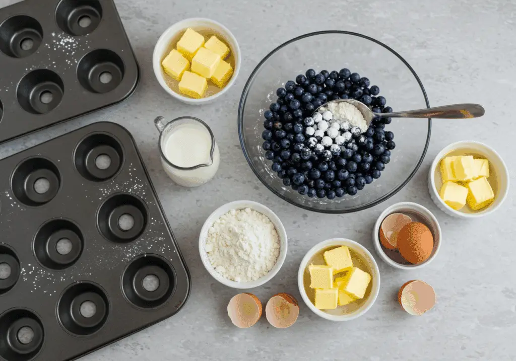 Blueberry cake donut ingredients including fresh blueberries and flour