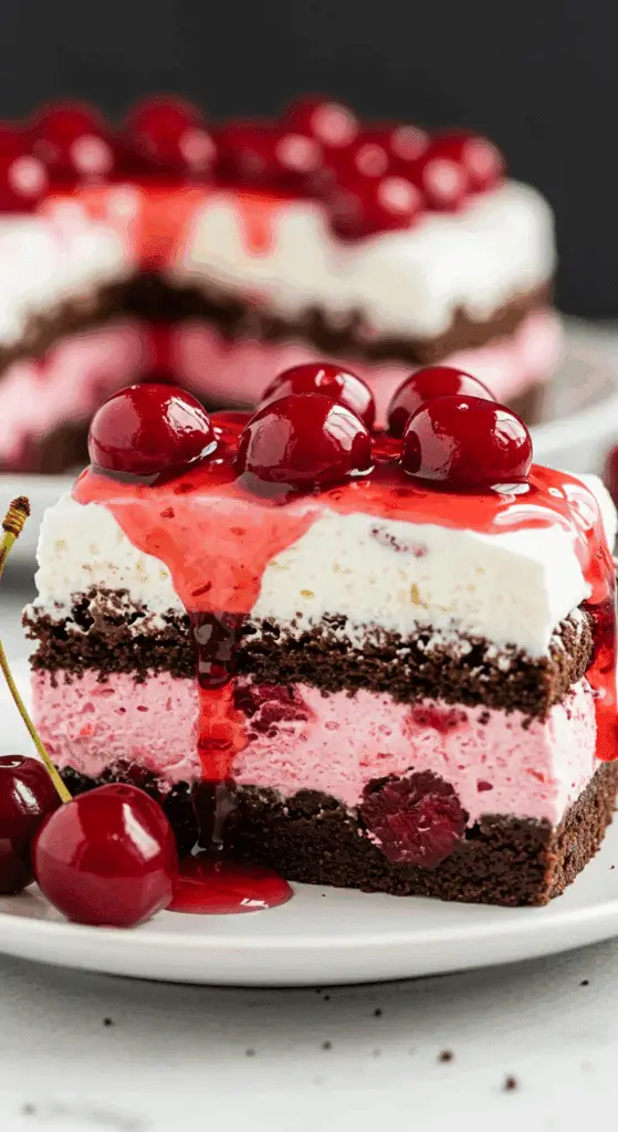 Black Forest icebox cake slice showing chocolate cookie layers and cherry topping