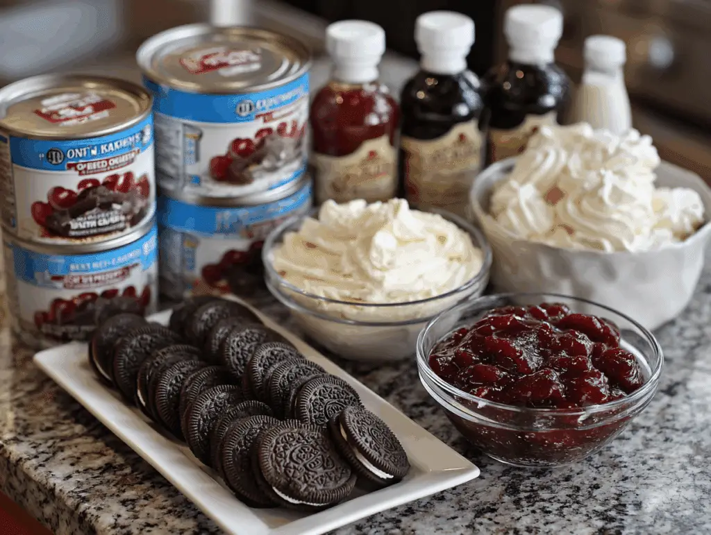 Black Forest icebox cake ingredients including cream cheese, cherries, and Oreos