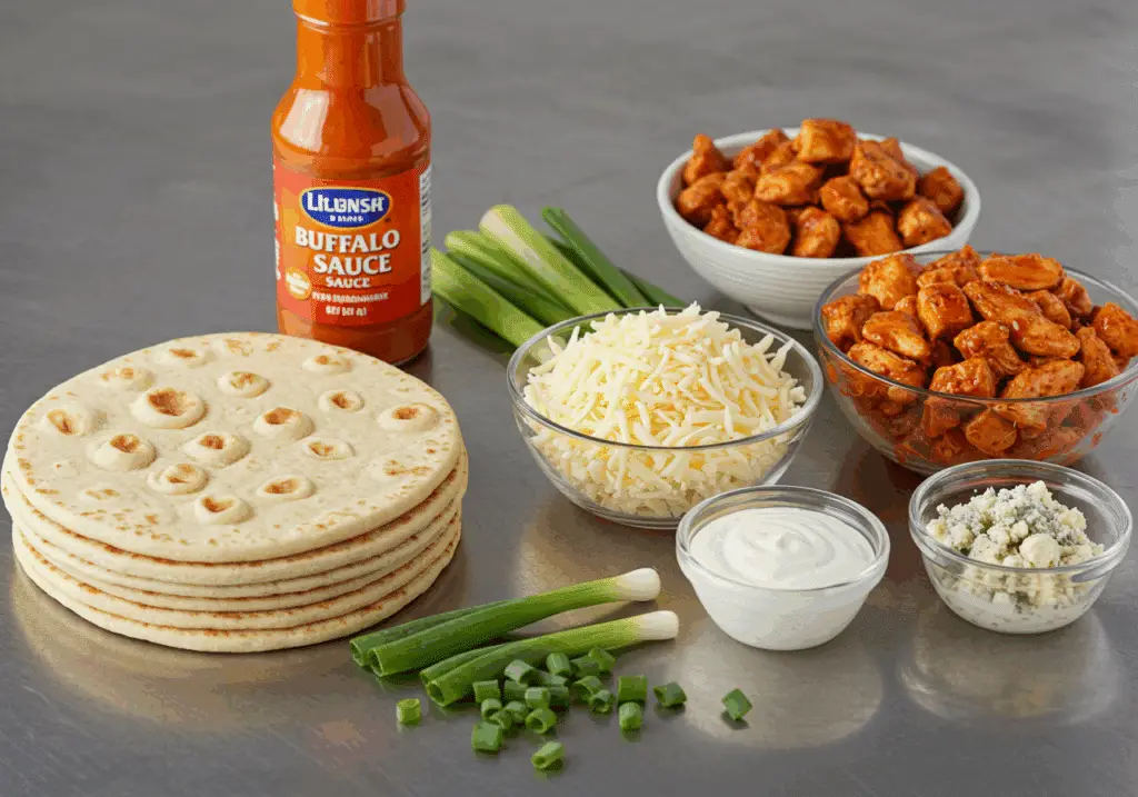 Buffalo chicken flatbread ingredients including flatbread, buffalo sauce, and chicken