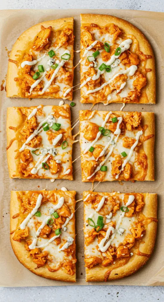 Buffalo chicken flatbread with melted cheese, chicken, and blue cheese drizzle