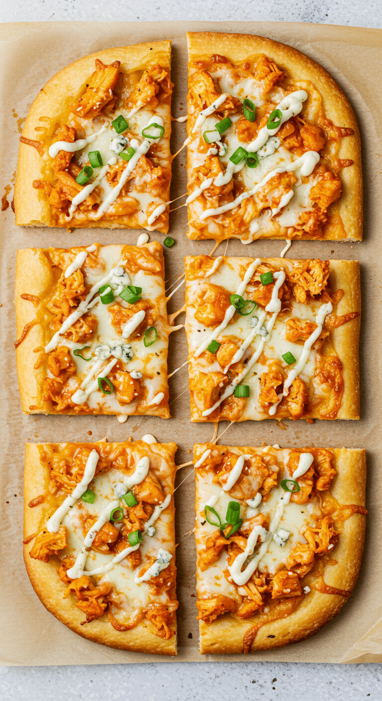 Buffalo chicken flatbread with melted cheese, chicken, and blue cheese drizzle