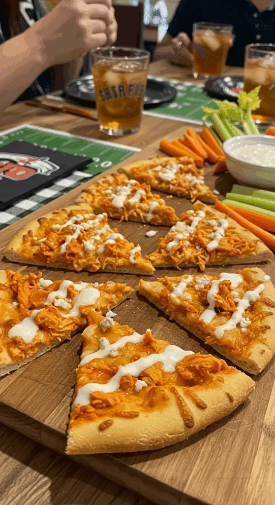 Buffalo chicken flatbread served at game day party for entertaining
