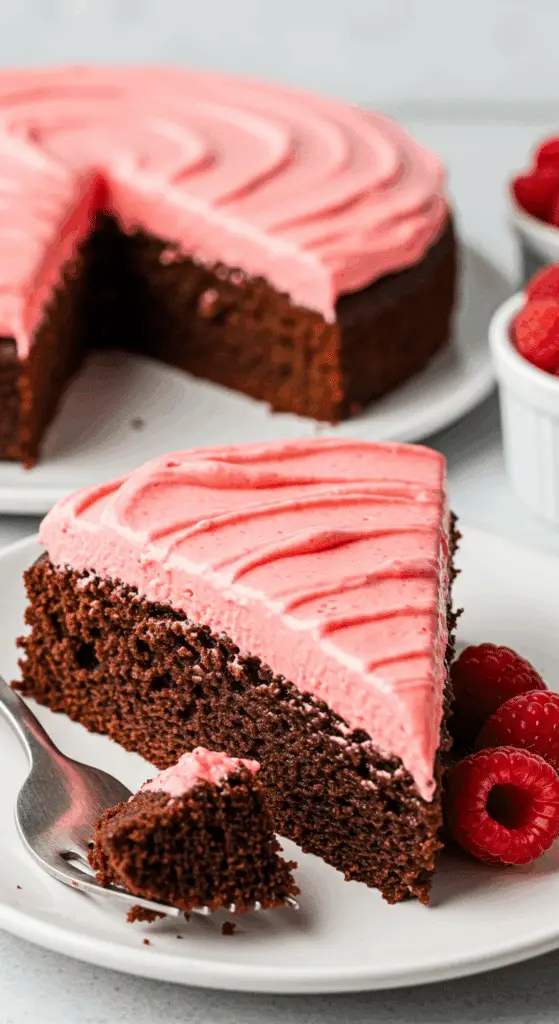 Chocolate cake with raspberry frosting served for elegant entertaining