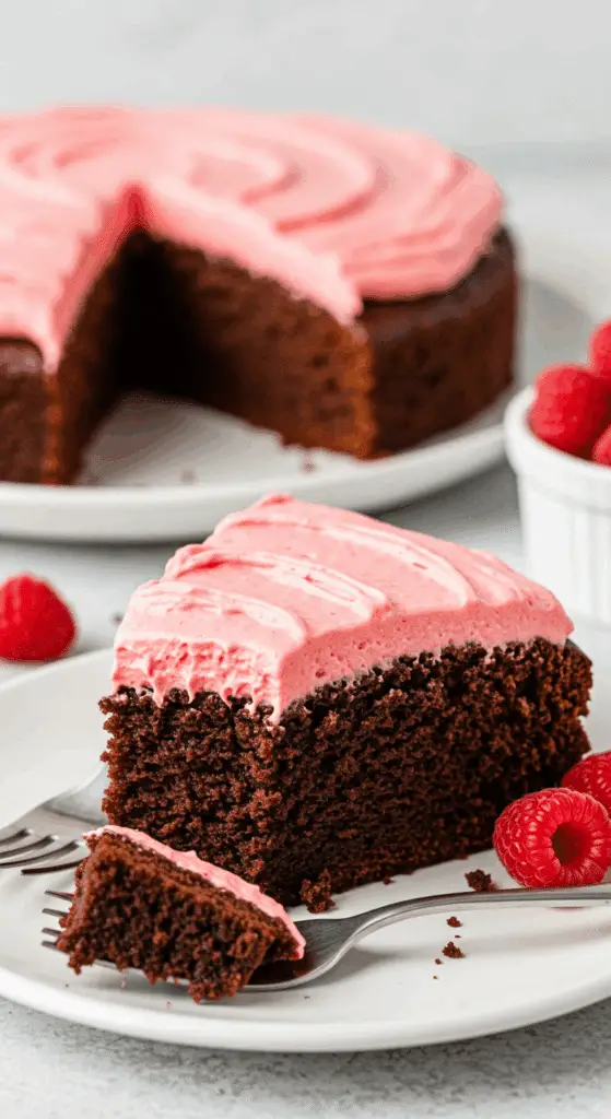 Chocolate cake with raspberry frosting showing dark cake and pink berry buttercream
