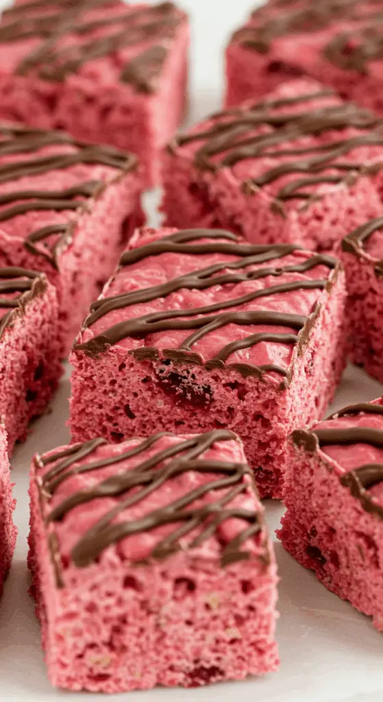 Chocolate covered cherry Rice Krispies treats with pink color and chocolate drizzle