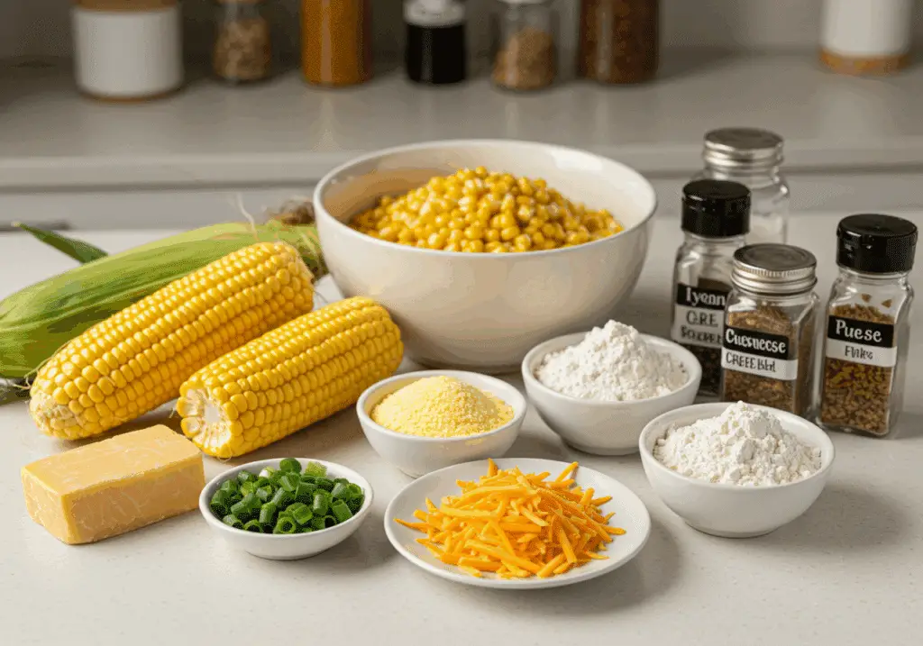 Corn fritter ingredients including fresh corn, cheddar cheese, and cornmeal