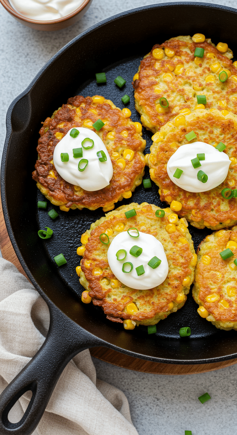 Golden corn fritters with crispy coating showing corn kernels and sour cream