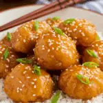 Crispy orange chicken with golden coating and glossy orange sauce