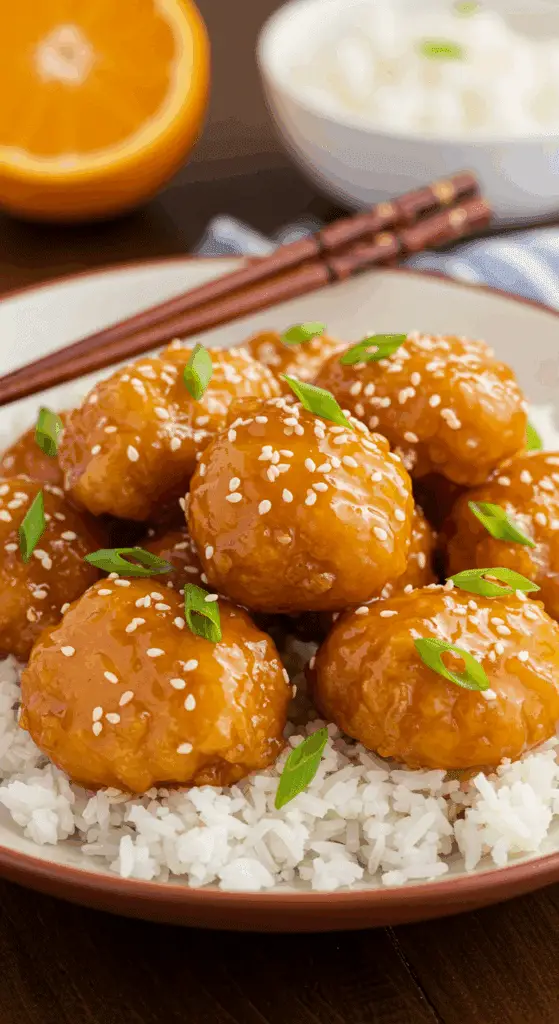 Crispy orange chicken with golden coating and glossy orange sauce