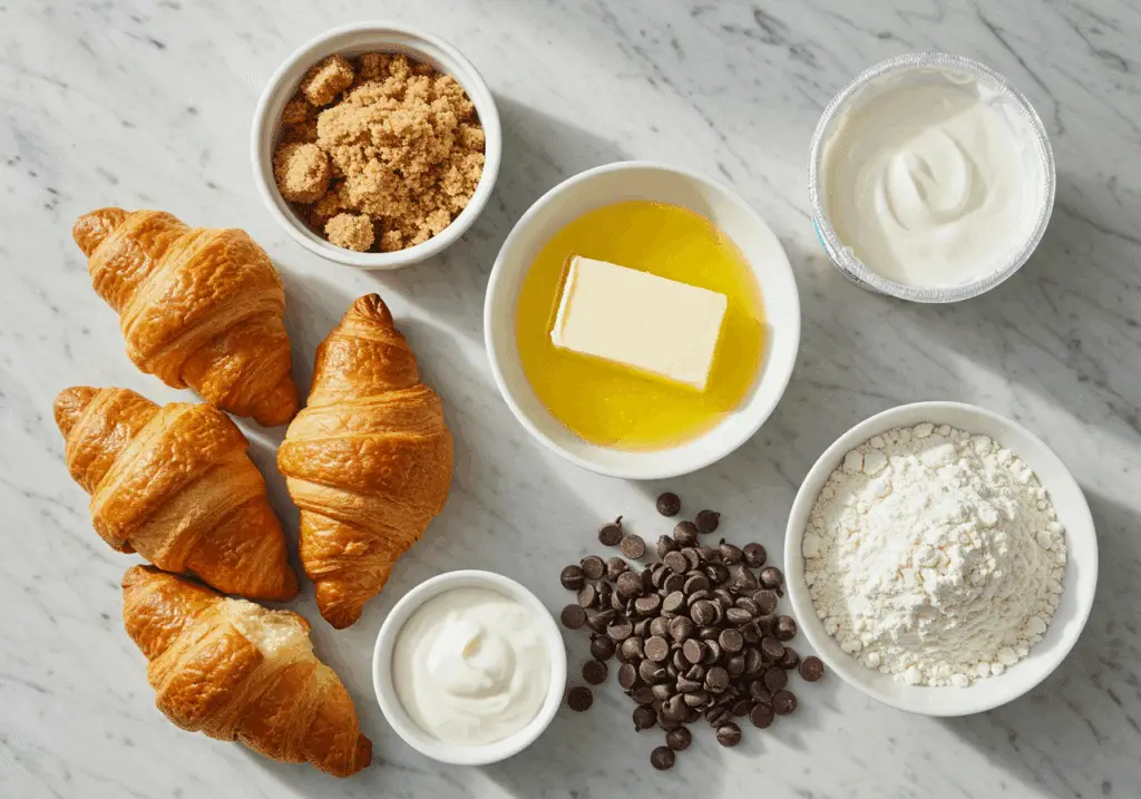 Crookie ingredients including croissants, butter, and chocolate chips