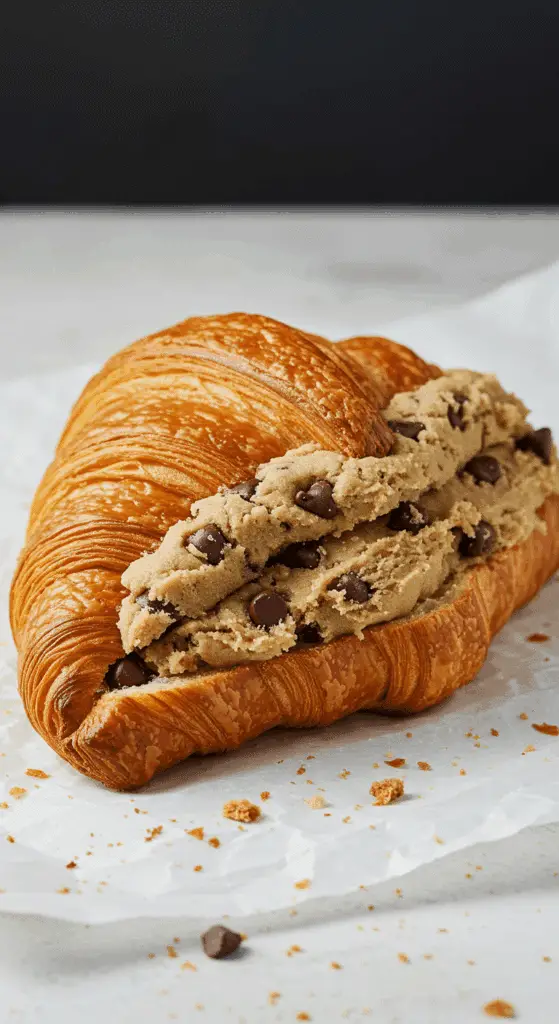 Crookie recipe showing croissant stuffed with gooey cookie dough