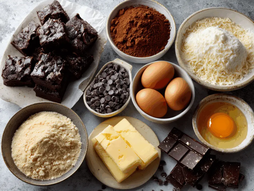 Fudgy chewy brookie ingredients including dark chocolate and cocoa powder