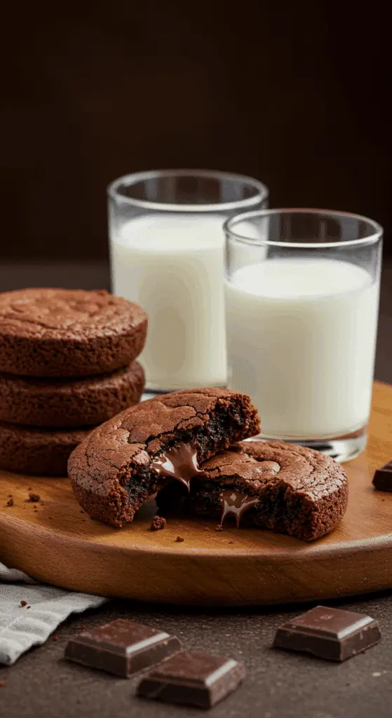 Fudgy chewy brookies served with milk showing rich chocolate texture