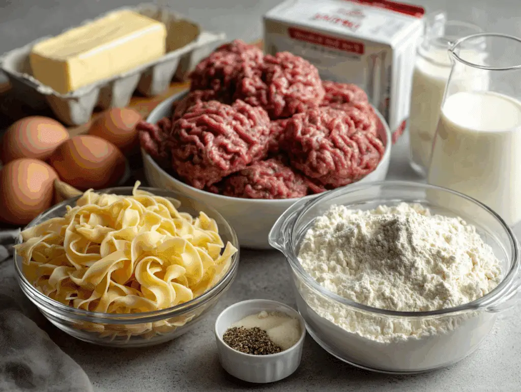 Ground beef stroganoff ingredients including ground beef and egg noodles