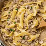 Ground beef stroganoff with egg noodles in creamy sauce