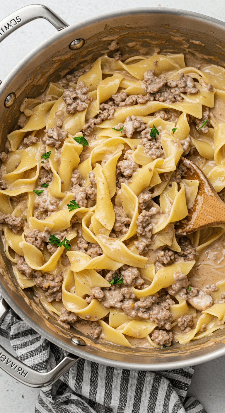 Ground beef stroganoff with egg noodles in creamy sauce