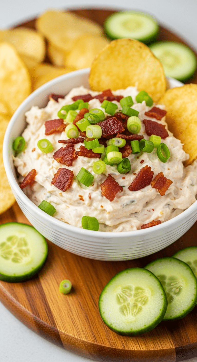 Served bowl of High Protein Crack Dip with dippers.