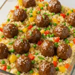 Honey garlic meatball rice bake with glazed meatballs, rice, and vegetables