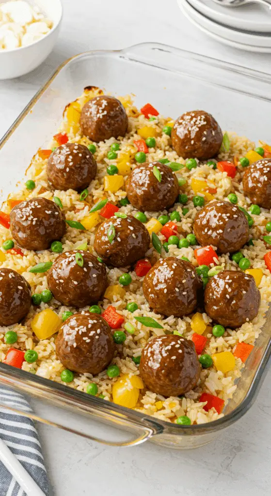 Honey garlic meatball rice bake with glazed meatballs, rice, and vegetables