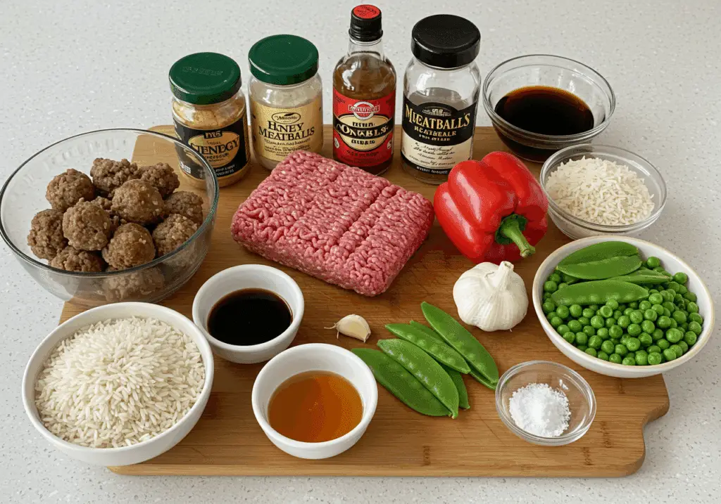 Honey garlic meatball rice bake ingredients including ground beef, rice, and Asian seasonings