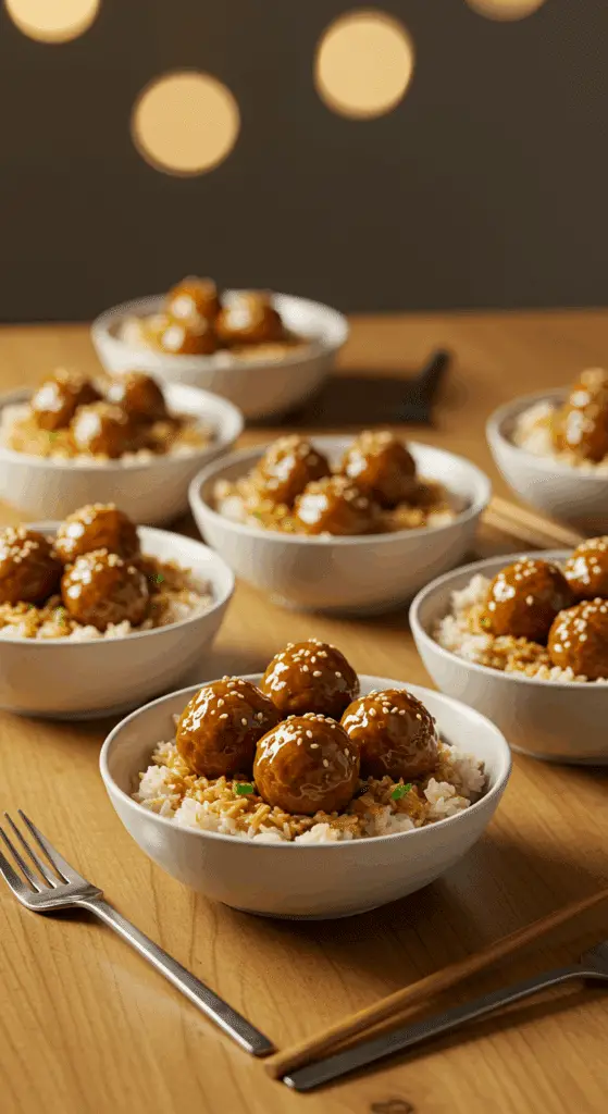 Honey garlic meatball rice bake served for family dinner with Asian presentation