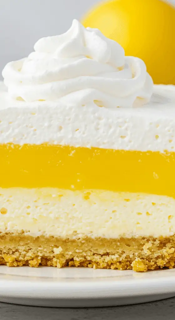 Lemon Lush dessert showing four distinct layers including lemon pudding and whipped topping