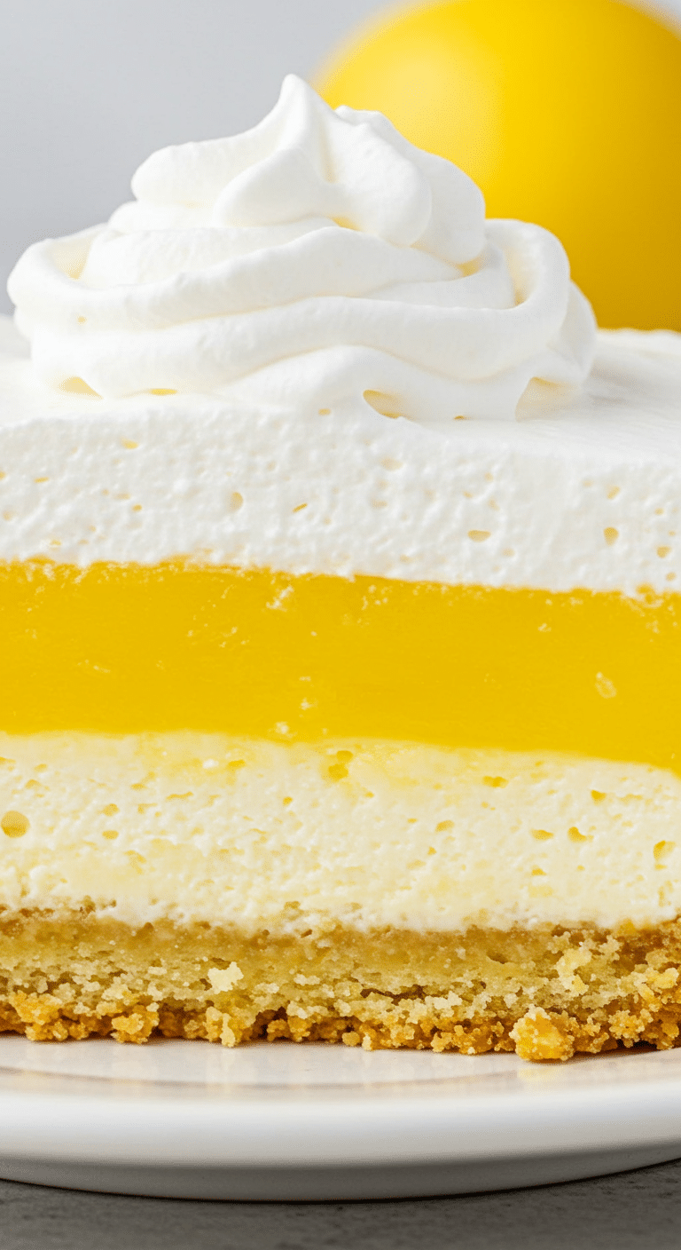 Lemon Lush dessert showing four distinct layers including lemon pudding and whipped topping