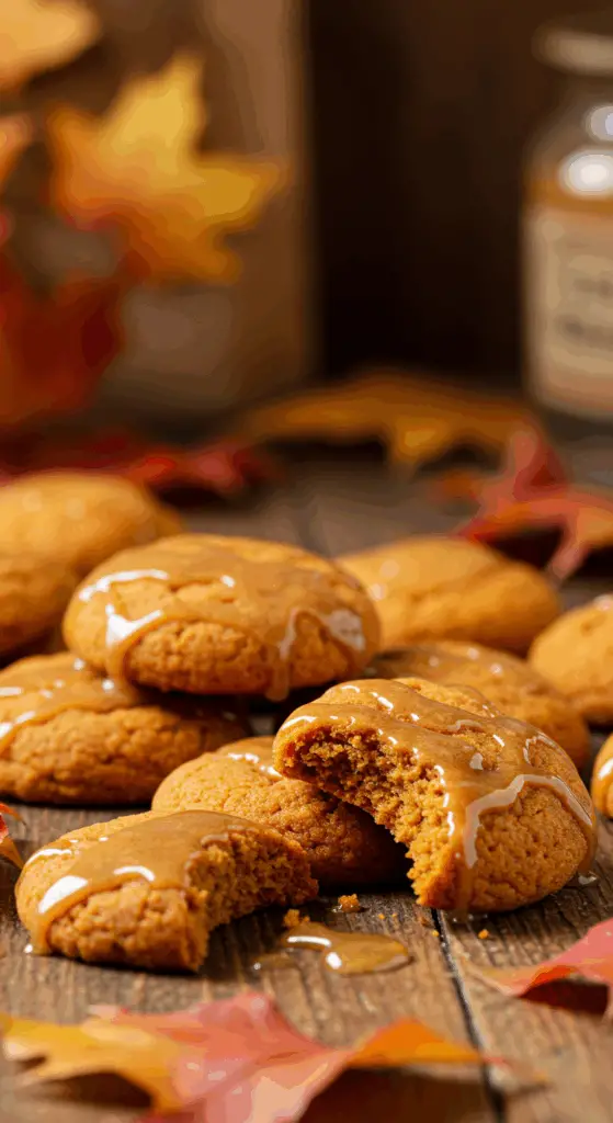 Maple pumpkin cookies with glossy maple glaze showing soft texture and fall colors