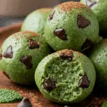 Mint chocolate chip protein balls with dark chocolate chips and fresh mint