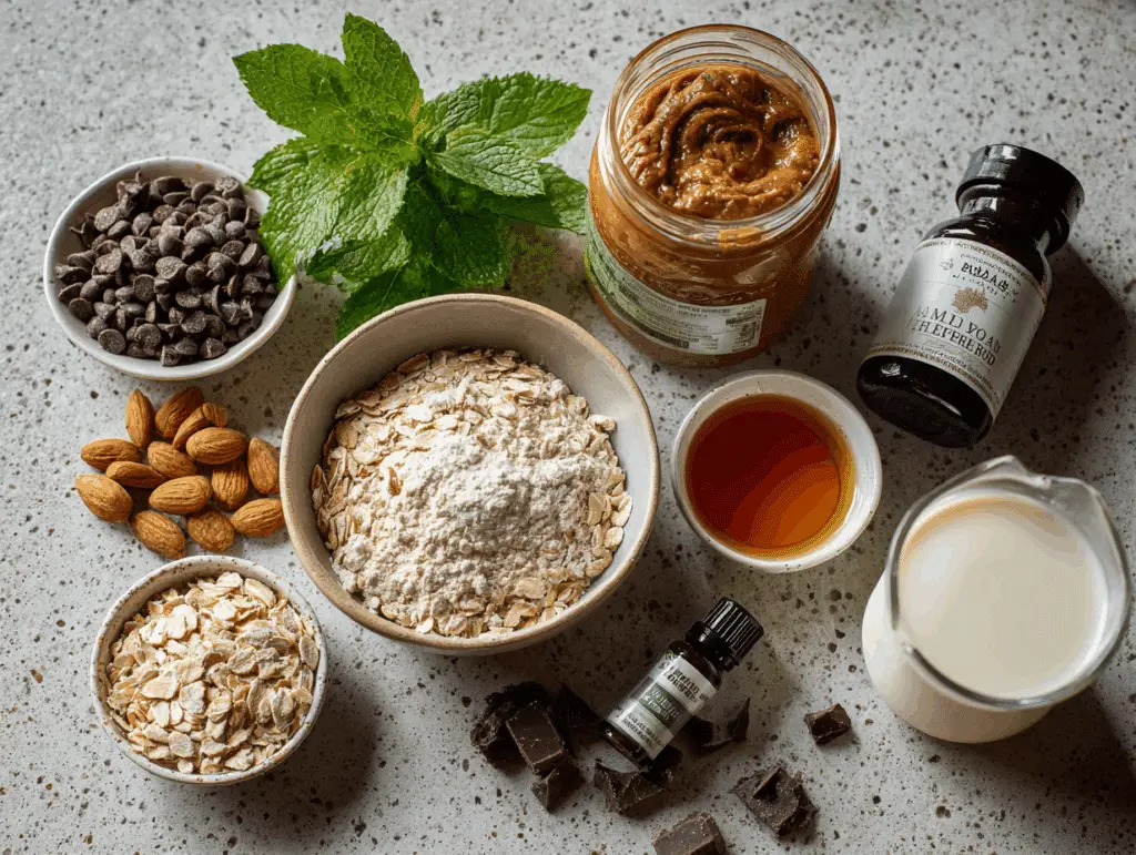 Mint chocolate chip protein ball ingredients including oats, almond butter, and chocolate chips