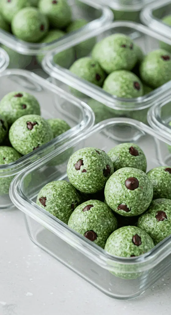 Mint chocolate chip protein balls stored in meal prep containers
