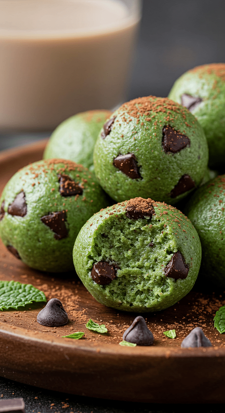 Mint chocolate chip protein balls with dark chocolate chips and fresh mint