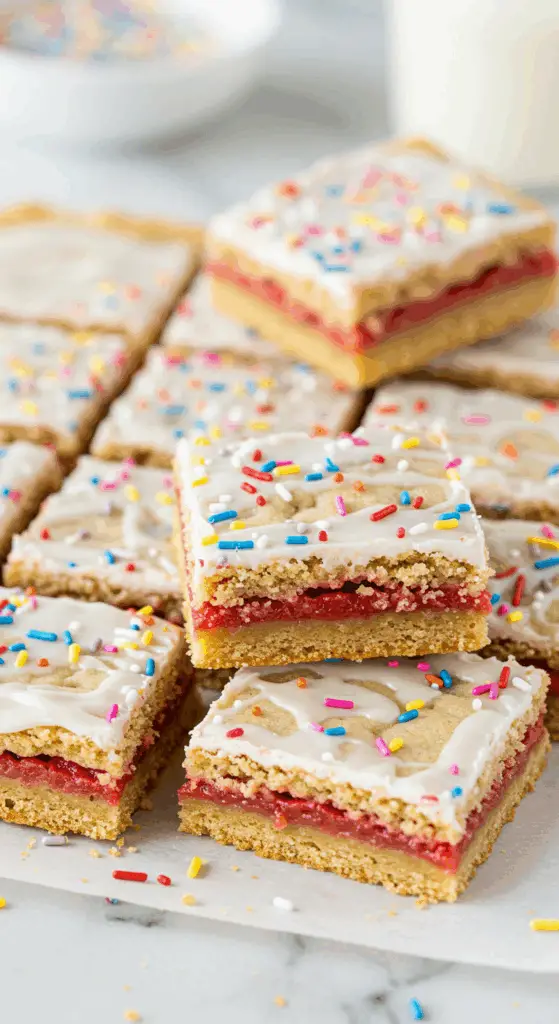 Pop Tart cookie bars with white icing, rainbow sprinkles, and visible strawberry filling layers