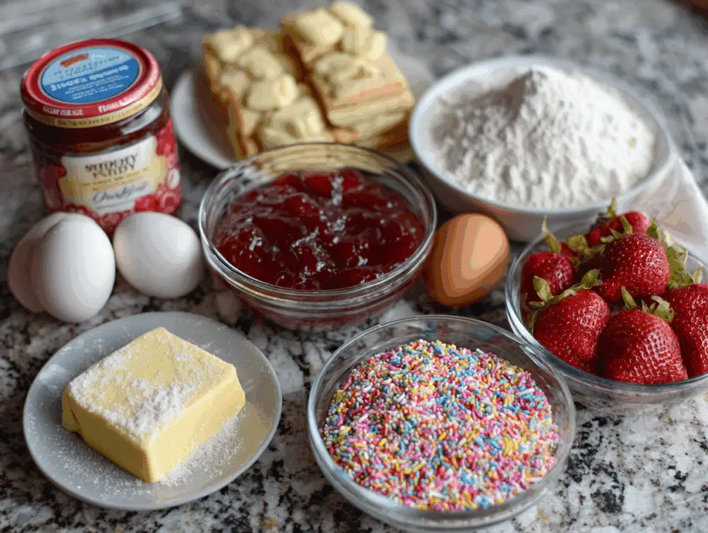Pop Tart cookie bar ingredients including strawberry preserves and rainbow sprinkles