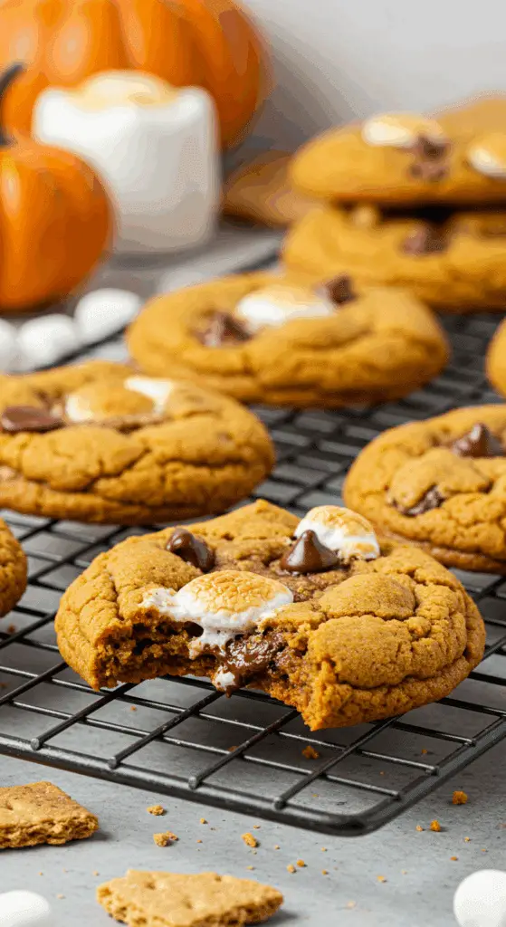 Pumpkin s'mores cookies with chocolate chips, marshmallows, and graham crackers