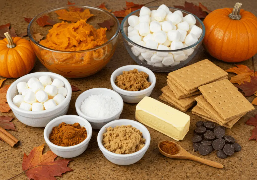 Pumpkin s'mores cookie ingredients including pumpkin puree and s'mores components