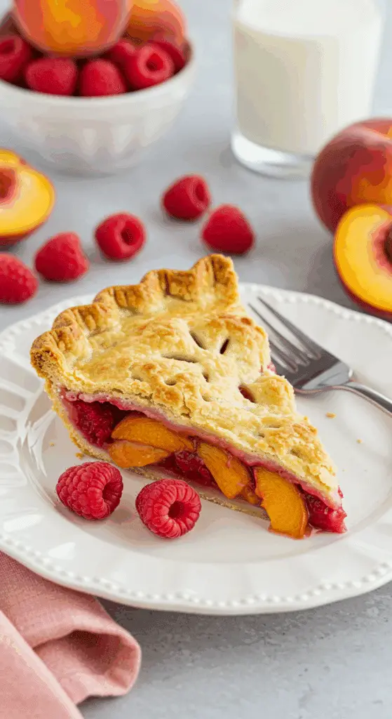 Raspberry peach pie with golden crust and decorative edges