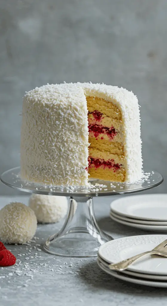 Raspberry swirl coconut snowball cake covered in white coconut with visible raspberry layers