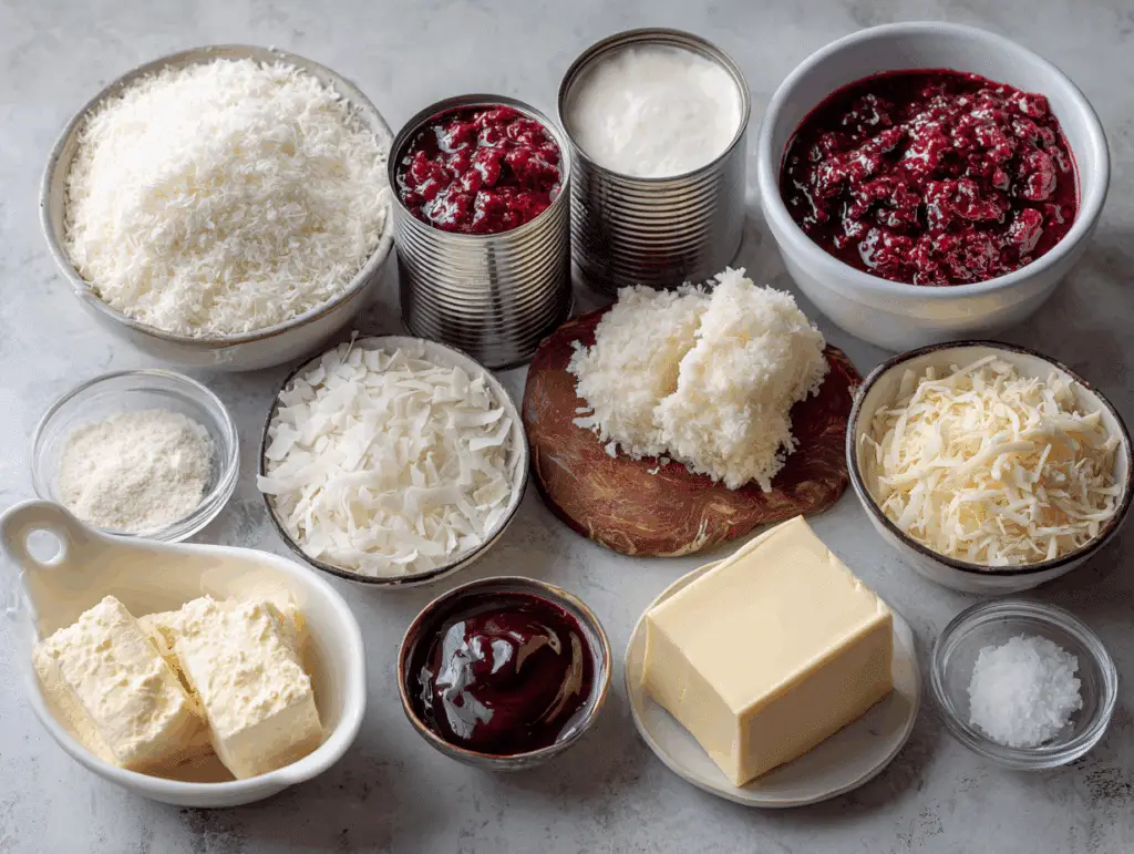 Coconut snowball cake ingredients including coconut milk, shredded coconut, and raspberry preserves